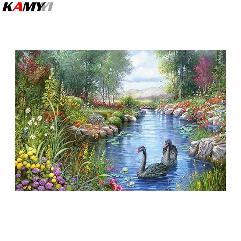 

3D Diamond Painting Cross Stitch Swans Lake Needleworks Diamond Embroidery Natural Full Diamond Decorative DD