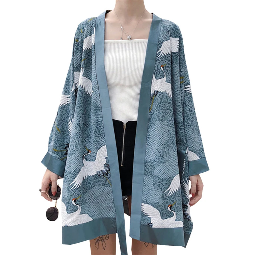 

2019 Newly Woman Fashion Japanese Harajuku Style Kimono Sunscreen Cardigan Crane Printed Beach Wear Oversize Yukata Haori