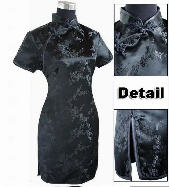 Черное китайское Стильное короткое традиционное женское атласное мини платье Ципао vestido, одежда размера плюс S-6XL - Цвет: Черный