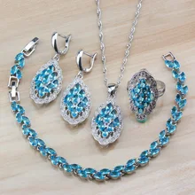 Голубой Кристалл Циркон 925 серебро 4 шт комплекты украшений для женщин модный костюм висячие серьги/ожерелье/браслет и кольцо наборы