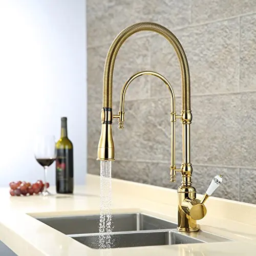 Luxury Gold 540mm high Pull Down Kitchen Faucet solid Brass sink mixer tap with two functions Pull Out spray