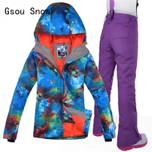Женская лыжная куртка+ брюки Gsou зимняя супер теплая одежда ветронепроницаемая водонепроницаемая Спортивная одежда для отдыха на природе для катания на лыжах