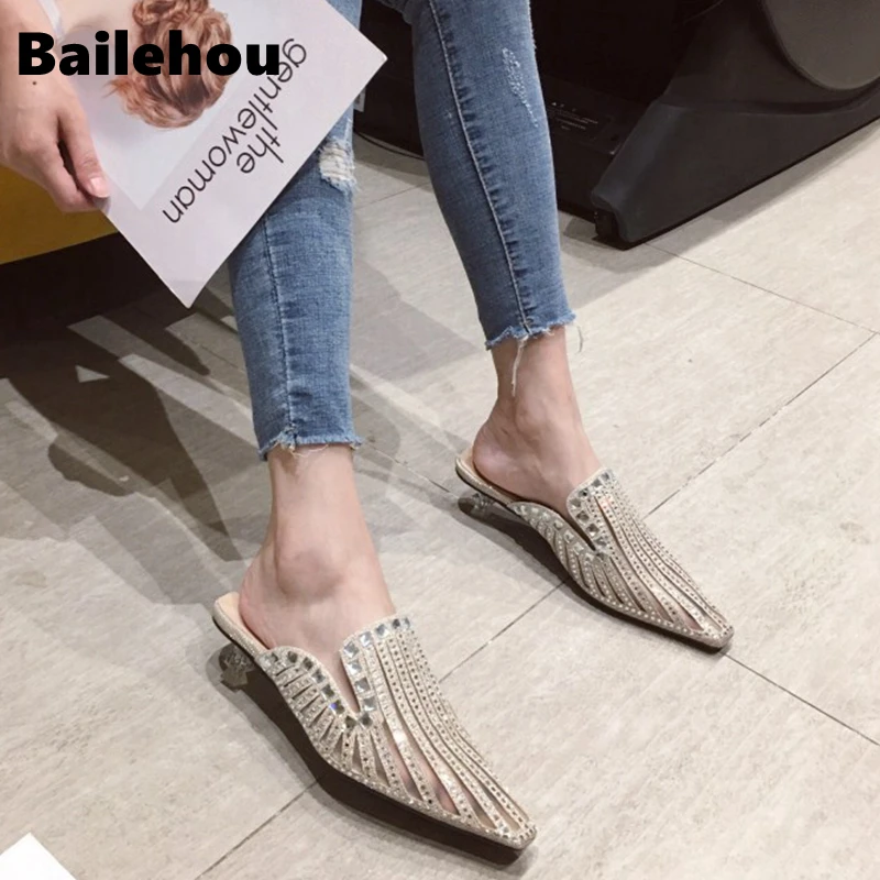 

Bailehou 2019 Women Mules Slipper Bling Crystal Slip On Outdoor Sandal Med Heel Elegant Pointed Toe Heel Summer Shoes Woman Slid