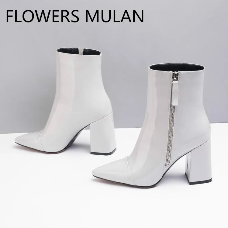 

Bling Shiny Patent Leather Ankle Boots For Women Chic Sewing Upper Elegant Pointed Toe High Chunky Heel Ladies Booties Side Zip