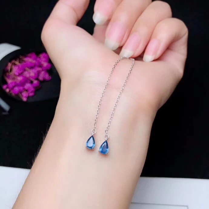 Натуральный Синий сапфир gem Серьги-капли S925 Серебро природный камень уха линии женские простые капли воды для вечерние подарок тонкой