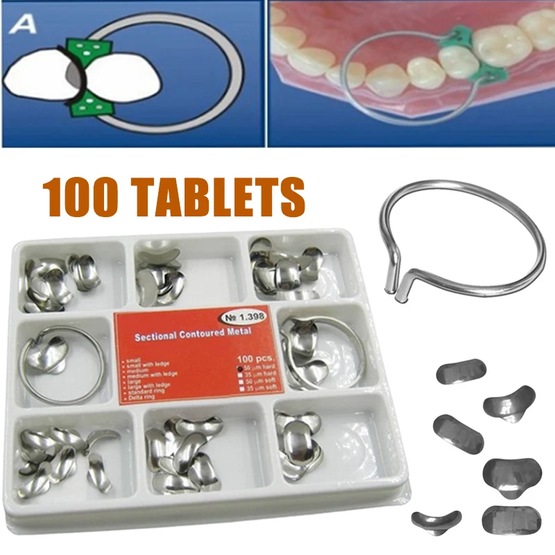 100pcs Dental Matrix Sectional Contoured Metal Matrices Full kit With 2 Rings for Teeth Replacement Dentsit Tools