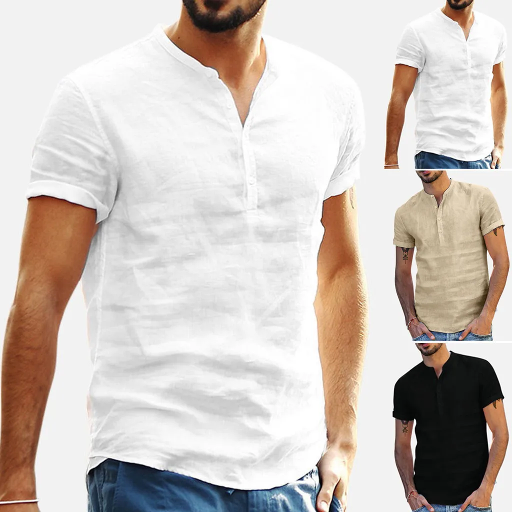 

Slim Fit Tees Tops Male Breathable Linen Shirt Men's Casual Blouse Cotton Linen shirt Loose Tops Short Sleeve Tee Shirt S-2XL