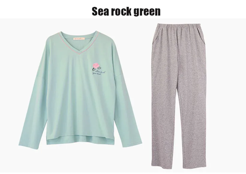 Новые женские пижамные комплекты осенние пижамы с длинными рукавами и принтом женские пижамы Mujer ночная рубашка с v-образным вырезом для отдыха Одежда для взрослых - Цвет: Sea rock green