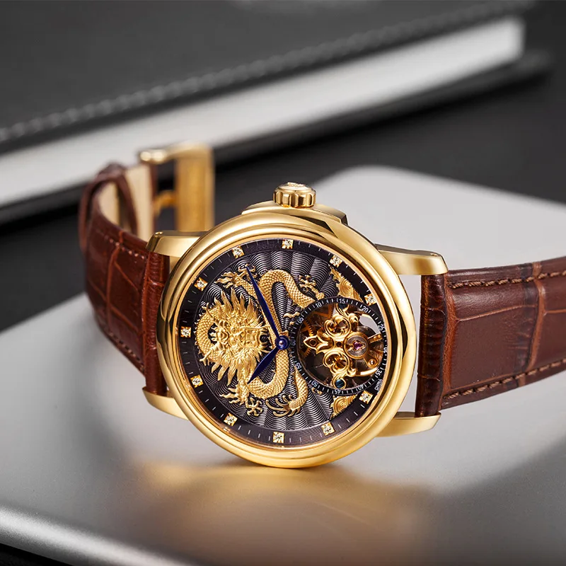 

Top Luxury Men's Tourbillon Mechanical Watch Hollow Flywheel Unique Diamond Natural Jade Inlay Dragon Men Wrist Watches Business