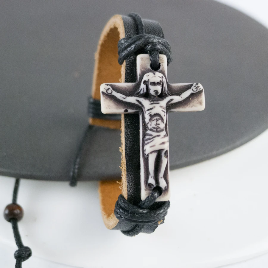 Мужской кожаный браслет Crucifix ограниченный материал кости яка винтажные браслеты