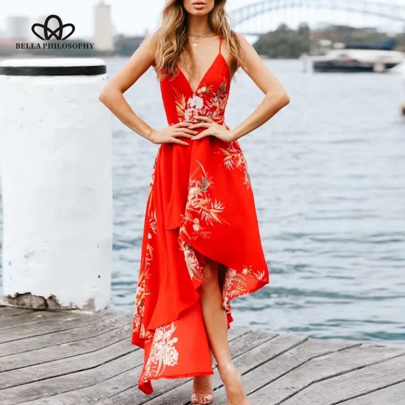 Wonder 2018 new summer Women Sexy Asymmetrical Dress Lace Up Spaghetti Strap Print Halter V Neck Ankle Length dress | Женская одежда