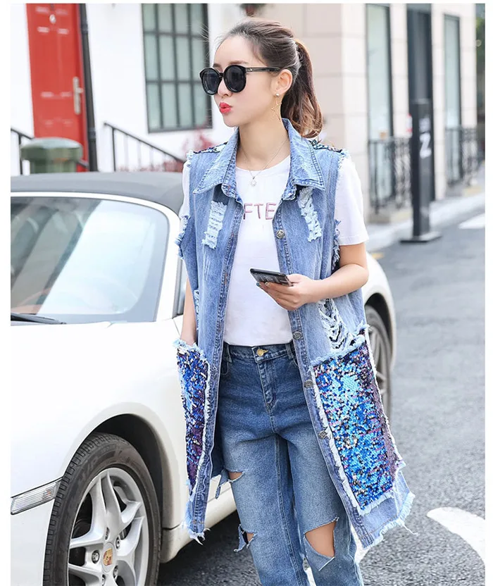 Элегантный женский джинсовый жилет с блестками на спине, весна-лето, Корейская версия, длинное пальто с дырками, женские джинсы, Chaleco