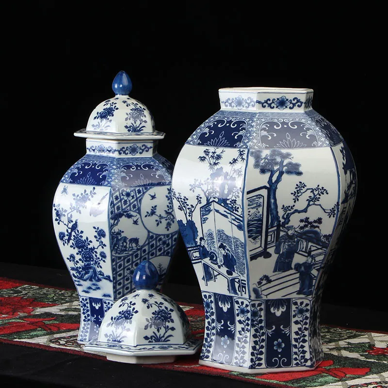 Jingdezhen temple jar porcelain ceramic decoration jar Chinese Antique ginger jar vase hexagon type blue and white (9)