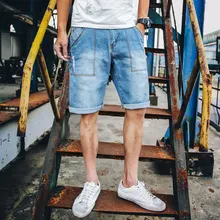 Летние Для мужчин Джинсовые шорты красивые модные несколькими карманами повседневные джинсы короткие Для мужчин по колено светло-голубой плюс Размеры Для мужчин s шорты 5XL-M поп