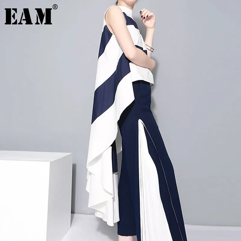 

[EAM] 2020 New Spring Stand Collar Sleeveles Blue Striped Big Hem Irregular Loose Shirt Women Blouse Fashion Tide JL254