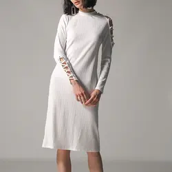 Для женщин платья свитеры осень 2019 г. узкие трикотажные выдалбливают миди с длинным рукавом повседневное Винтаж Женский