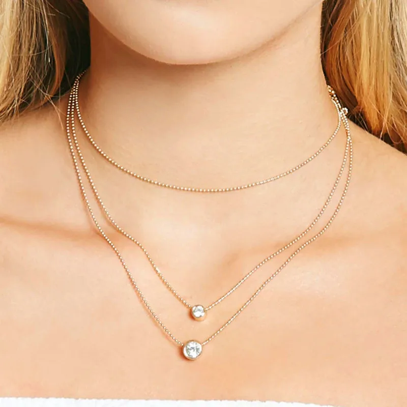 

Retro Simple Three-layer Neaklace Bead Chain Fashion Rhinestone Hanging Statement Jewelry For Women Clothing Accessories2019