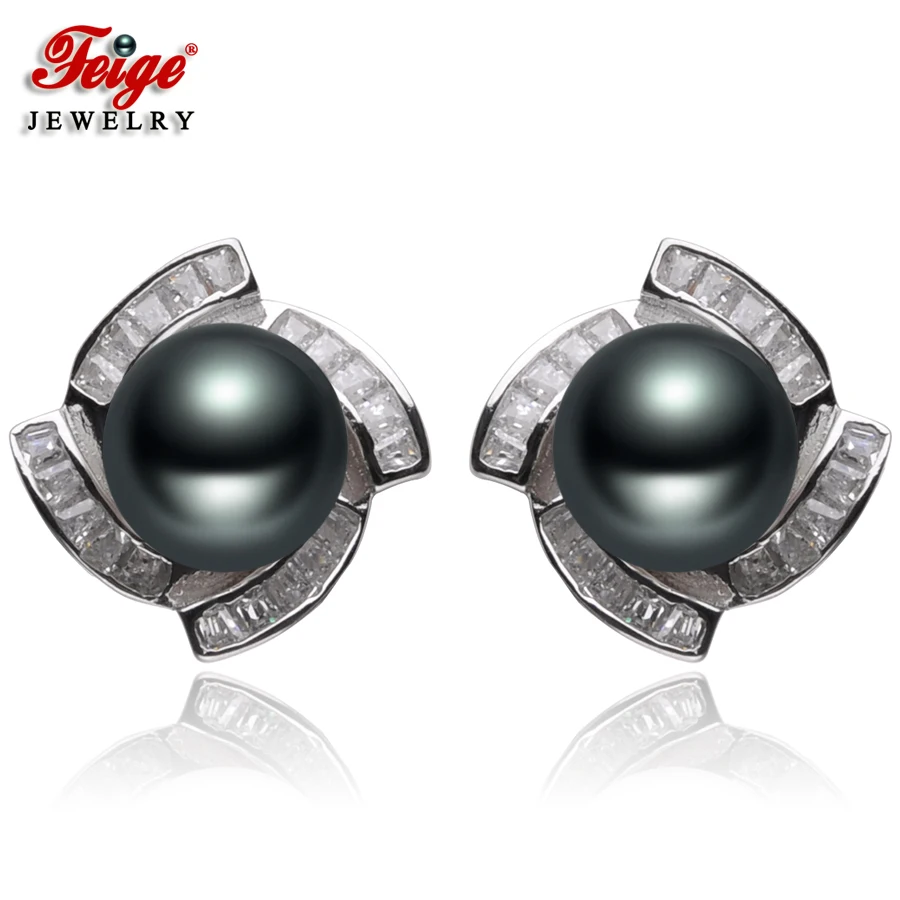 

FEIGE 100% 925 Sterling Silver Stud Earrings 8-9mm Black Freshwater Pearl Earrings For Women Trendy style Jewelry