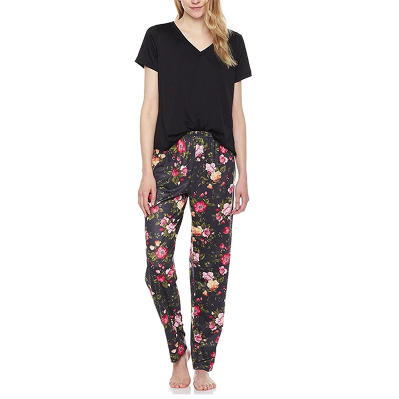 Solid Short Sleeve T-shirt Tops+Floral Print Full Length Pants Pajamas Sets for Women Spring Summer Laies Sleepwear Pajamas