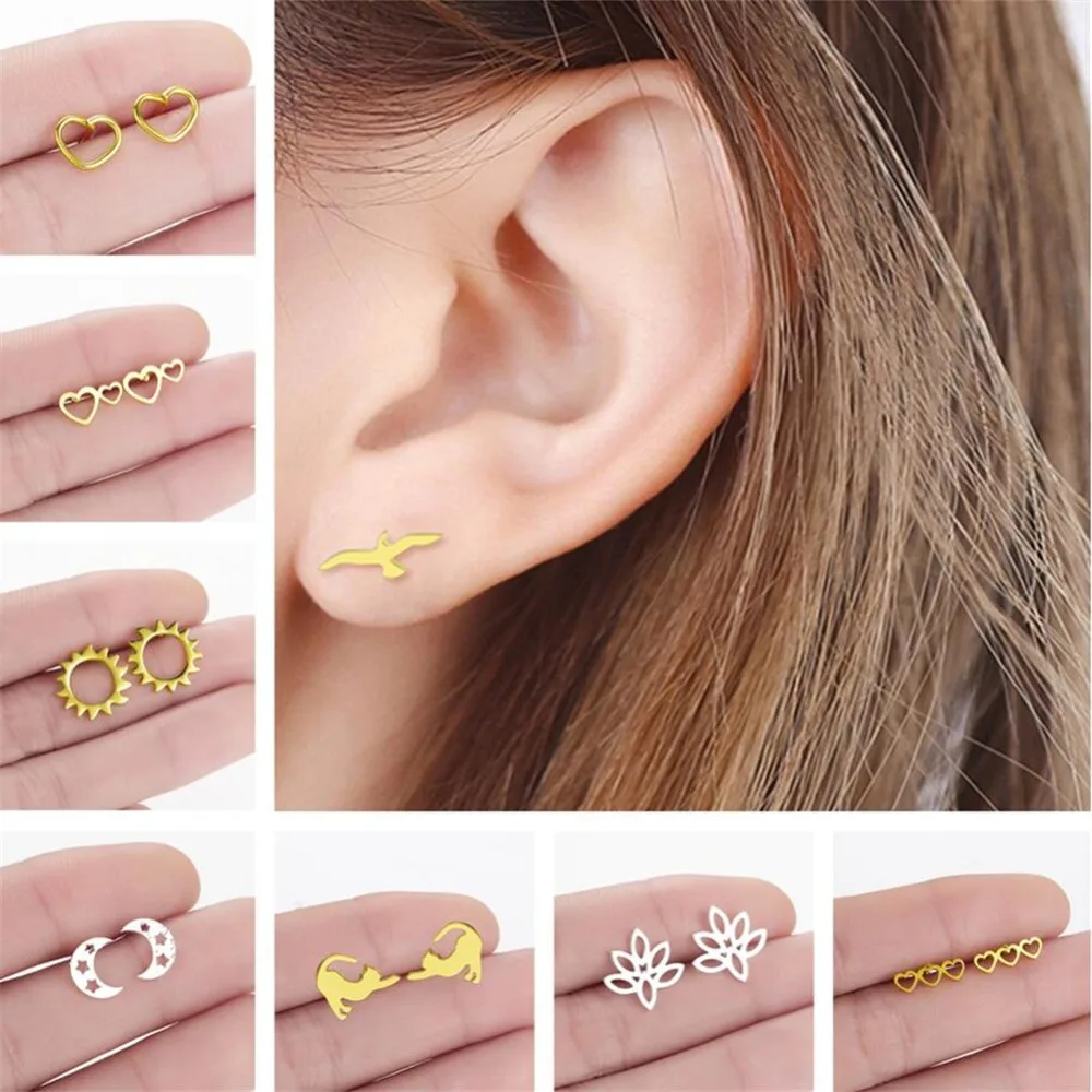 

QIAMNI Seagull Bird Cat Moon Stud Earring for Women Heart Love Leaf Sun Flower Earring Birthday Gifts Pendientes Dropshipping