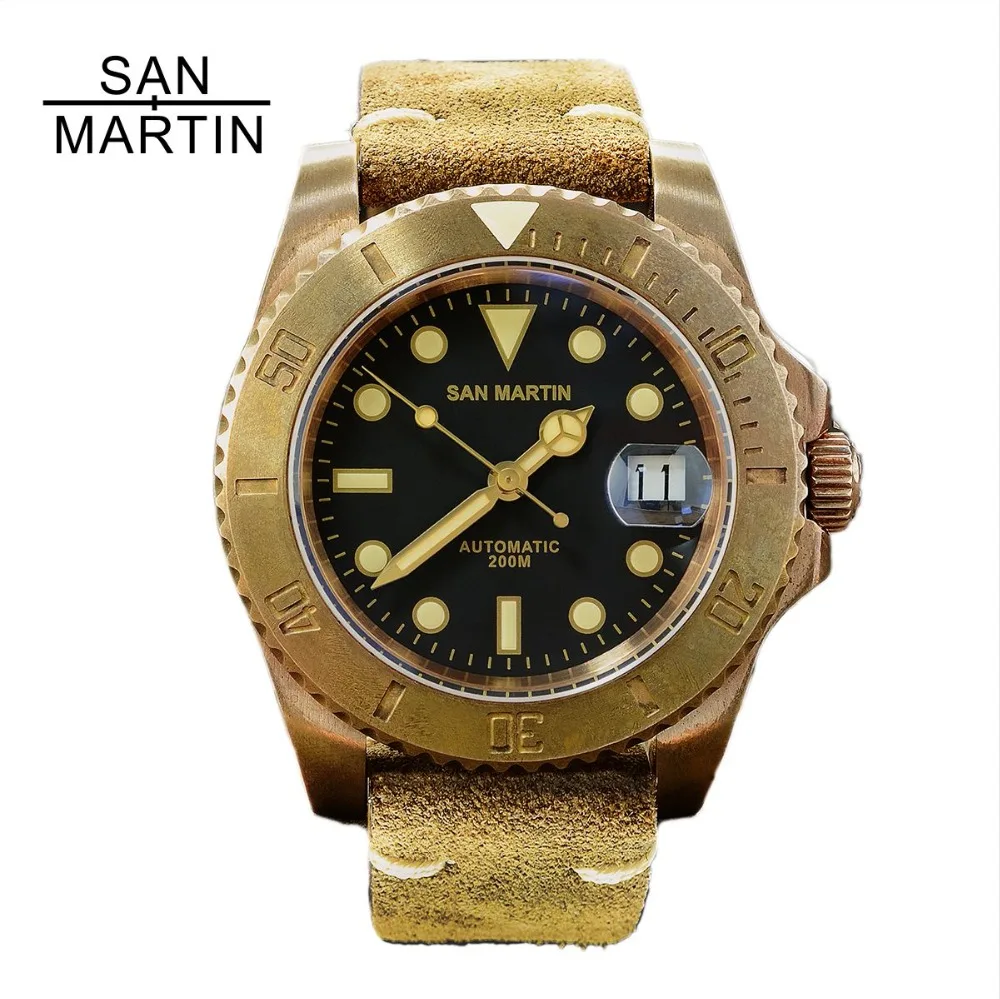 Мужские Винтажные бронзовые часы San Martin автоматические для дайвинга 200