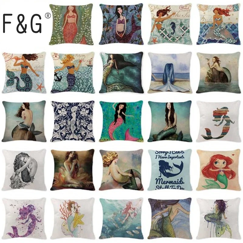 

2018 Hot Cushion Cover Ocean Style Mermaid Pillowcases Meditation Large Cotton Linen Lounger Forthe Beach Throw Cojin