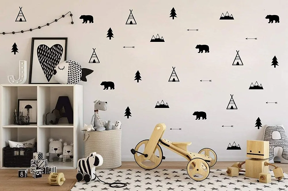 

Woodland Wall Decal, Bears Arrow Teepee Tree and Mountain Decor, Matte Vinyl Wall Stickers for Baby Bedroom, Nursery Decor B143