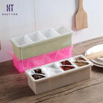 

Creative Condiment Box Four Lattice Storage Box Kitchen Tools Spice Jar Storage Box with Small Spoon