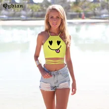Summer Women Sleeveless Tank Tops Halter Elastic Waist Crop Top Camis Ladies Sexy Yellow Naughty Face Printing Cropped Blusa