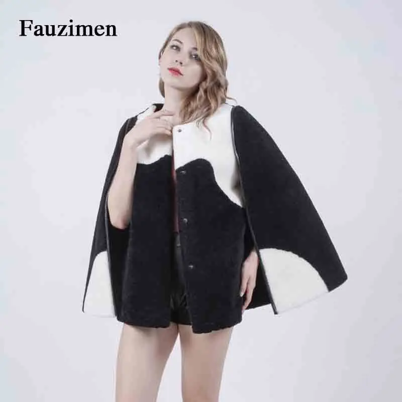 Новинка, высокое качество, новейший дизайн, меховая накидка, средний черный белый плащ, зимняя куртка для женщин, теплое пальто из кожи и меха