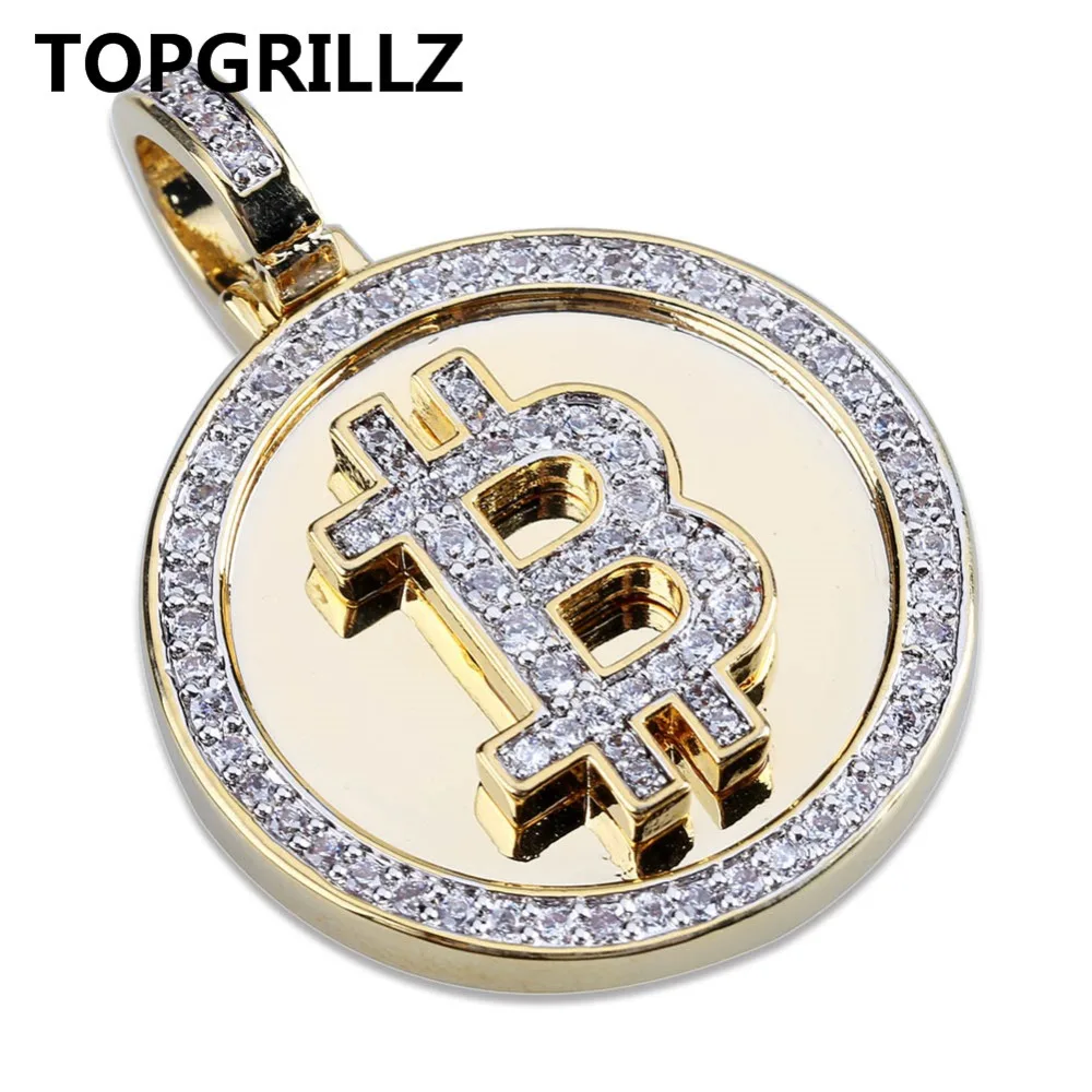 Best TOPGRILLZ Hip Hop Gold Color Color Plated Iced Out Micro Pave Zirconia Round Bitcoin Pendant Necklace For Men Three Chains