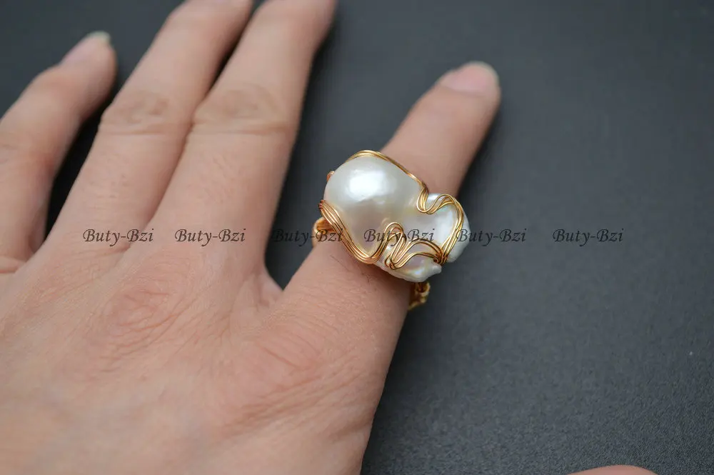 1pc High Quality Handmade Natural Fresh Water White Pearl Big Baroque Beads Wire Wrapped Rings Fashion Woman Party Jewelry