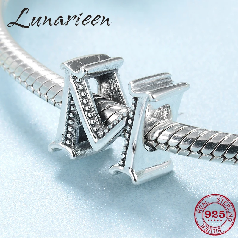 

Real 925 Sterling Silver Letter M beads Delicate Alphabet fit Original Pandora Women Charm Bracelet DIY Jewelry Making