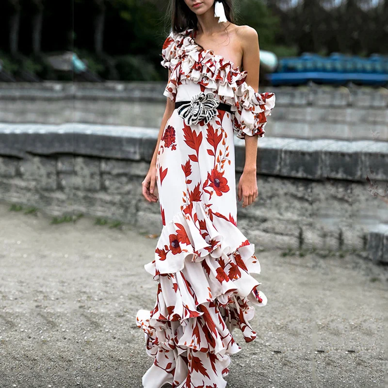 

BellFlower Ruffle Elegant Party Dress Women Floarl Print Sexy Dress Summer 2019 Irregular Empire Long Women's Dress