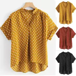 Женские топы, летние рубашки в горошек с коротким рукавом, женские топы, повседневные блузки с v-образным вырезом, блузки с длинными