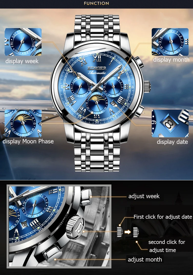 Многофункциональные механические часы для мужчин, швейцарские высококачественные часы Бингер, автоматические часы с календарем, месяцем недели, сапфиром, светящиеся водонепроницаемые часы