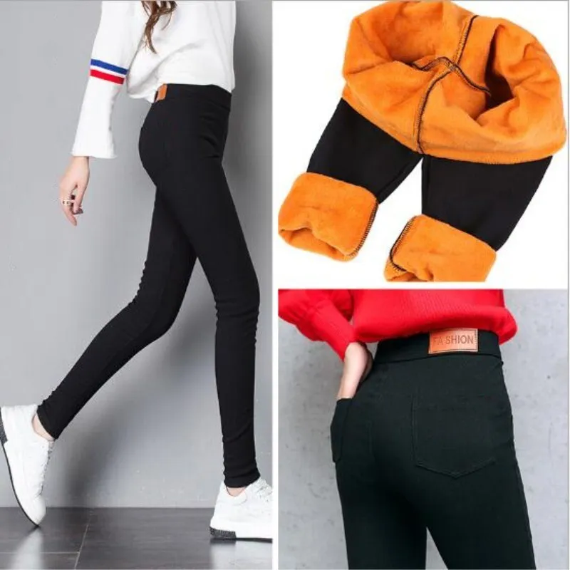 Koop WKOUD Winter Broek Vrouwen Dikke Warm Fitness Leggings Gold Fleeces Footless Leggings Vrouwelijke Zwarte Skinny Legging Broek P8496