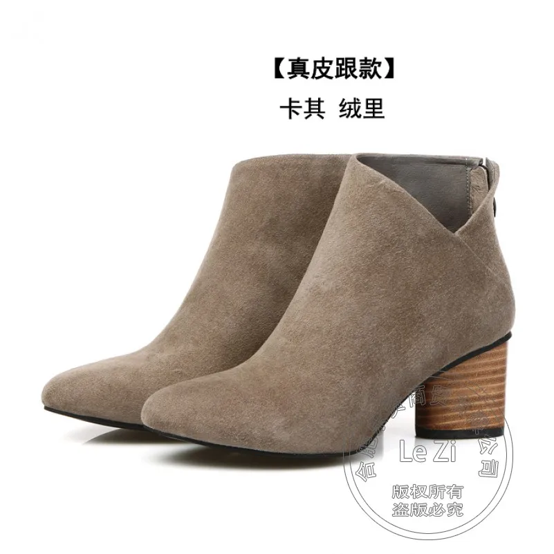 Fashion Full Grain Genuine Leather Boots Women Spring Autumn Pointed Toe Sleeve Boot Martins Chains High Heel Ankle Solid Euro