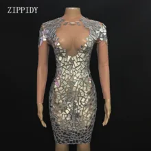 Блестящие Серебряные зеркала прозрачная перспектива цельное платье для вечеринки, дня рождения Праздничный костюм для пения, танцев платье YOUDU