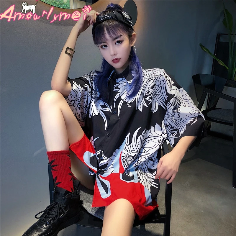 

Summer Women Harajuku BF Vintage Flame Print Short Sleeve Shirt Turn-down Collar Loose Streetwear Casual Blouse Femme Blusas Top