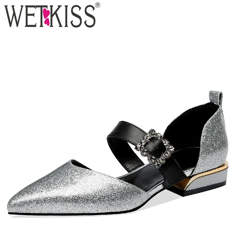 

WETKISS Summer Sandals Women 2019 Genuine Leather Sandals Woman Crystal Dress Shoes Female Fashion Pointed Toe Low Heels Shoes