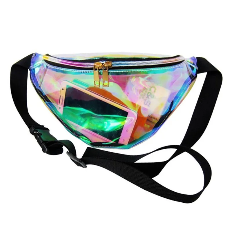 Fashion bling Leather waist packs women Silver belt bag cintura waist bag laser hologram transparent waterproof waist packs