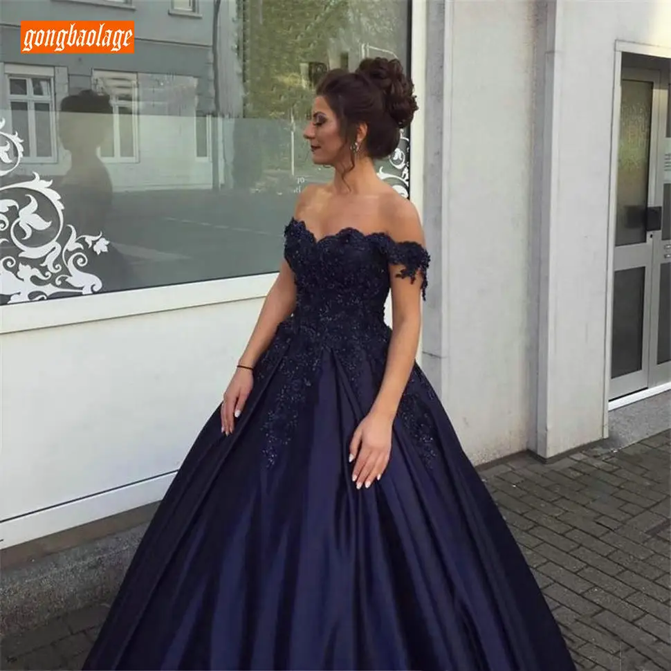 

Gorgeous Dark Navy Ball Gown Evening Dresses Off Shoulder Appliques Beaded Satin Formal Dress 2019 Engagement Evening Party Gown