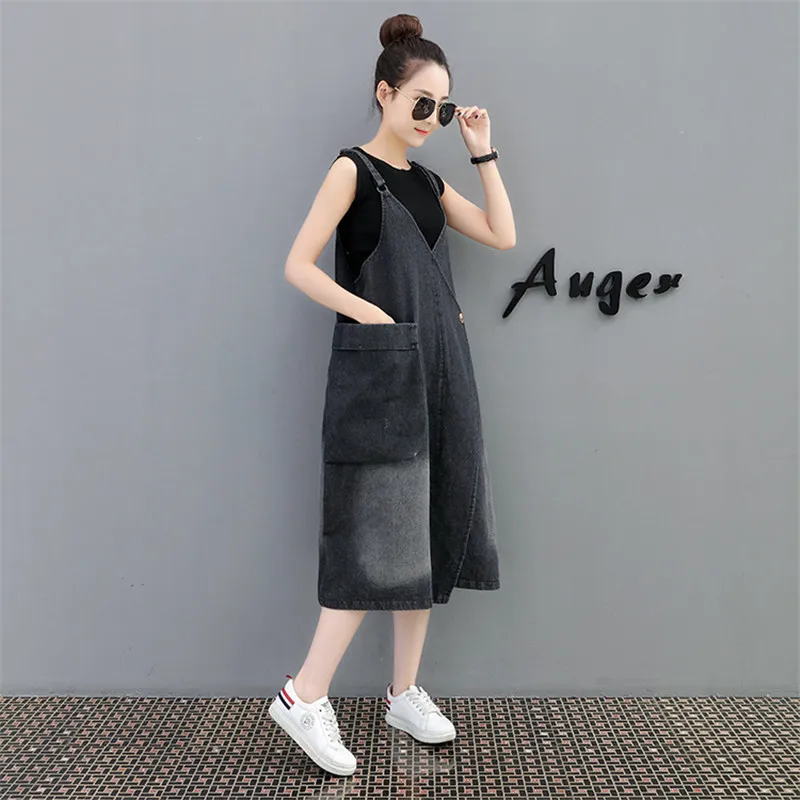 Denim Strap dress for women 2018 spring summer Big pocket Sleeveless jeans dress large size Young girl Loose dress IOQRCJV H462