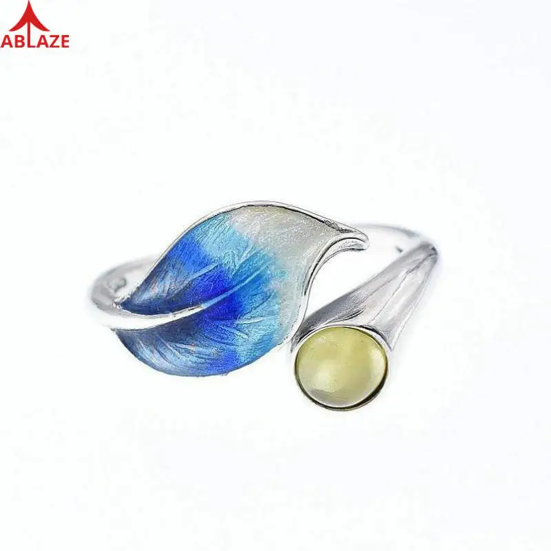 

925 Sterling Silver Rings Yellow Chalcedony Adjustable Rings for Women Cloisonne Enamel Bluing Craft RH080