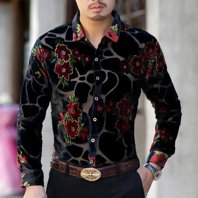 Złoty czarny Leopart druku koszula aksamitna przezroczysta Mężczyźni Retro Kwiat Koszule 2018 New Fashion Design Casual