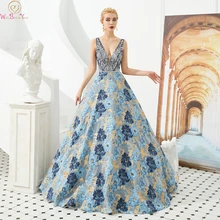 Floral Print A Line Evening Dresses In Stock 2019 Deep V Neck Sleeveless Long Sequins Crystal Lace Robe Femme Formal Prom Gowns поло print bar watchtower in evening