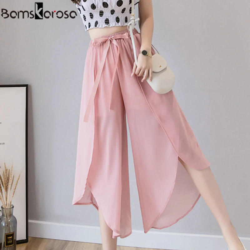

2019 Summer Women's Pants Loose White Wide Leg Pants Solid Chiffon Women High Waist Pants Casual Elastic Waist Pantalon Femme