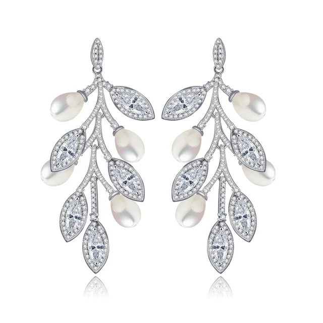 

Bridal Long Leaf Drop Earrings Micro Paved CZ Imitation Pearl Dangle Earrings Brincos Charming Bijoux for Women Wedding