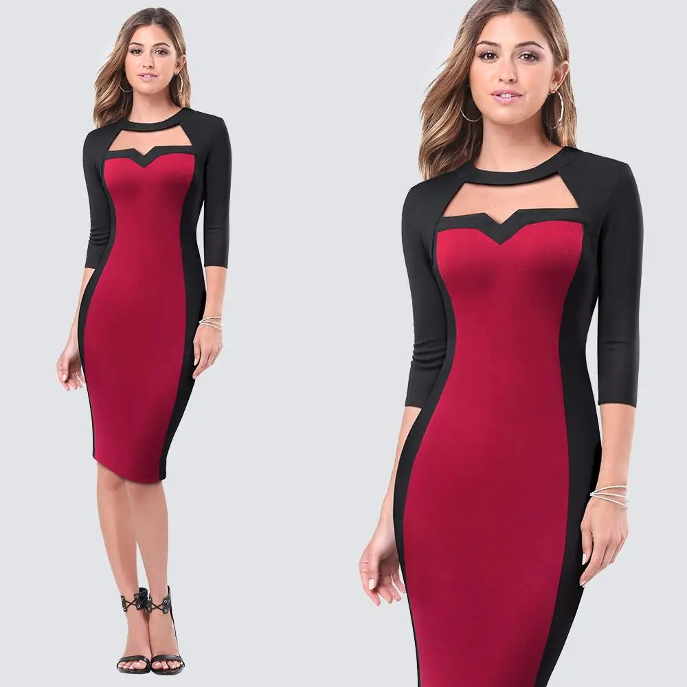 Повседневное лоскутное офисное женское платье Элегантная одежда облегающее сексуальное платье с вырезами в деловом стиле платье карандаш HB482 - Цвет: Dark Red